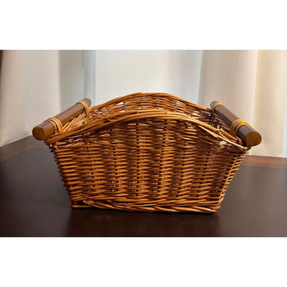 Vintage Willow Wicker Storage Basket Pole Handle Wood Dowel Rustic 11.5"